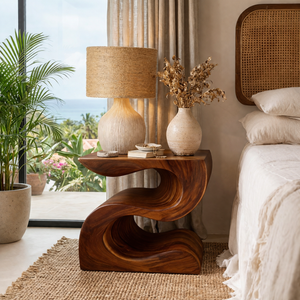 Handcrafted Solid Wood Nightstand for Bedside Lamp with Sculptural Wave Form
