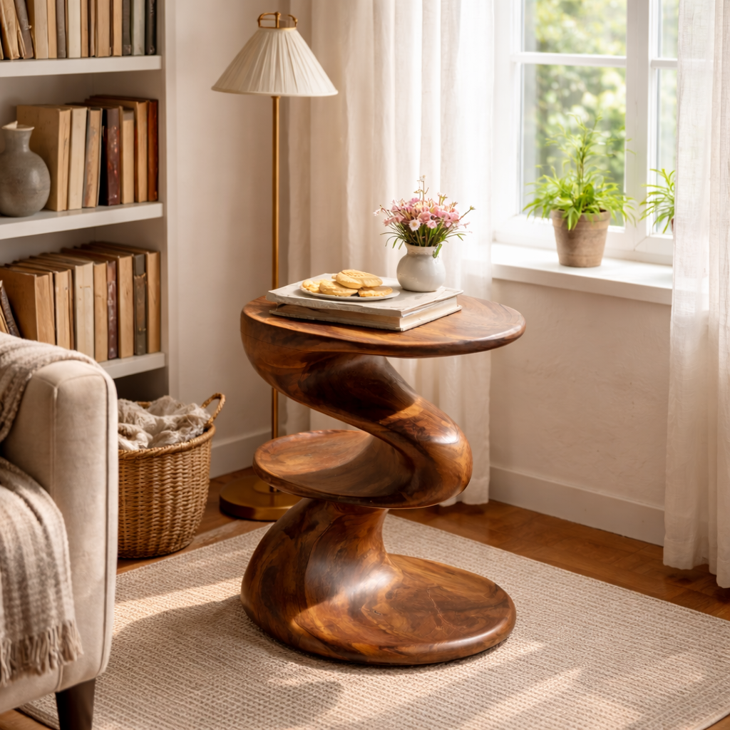 Solid Wood Spiral Two Tier Accent Table for Modern Living Room