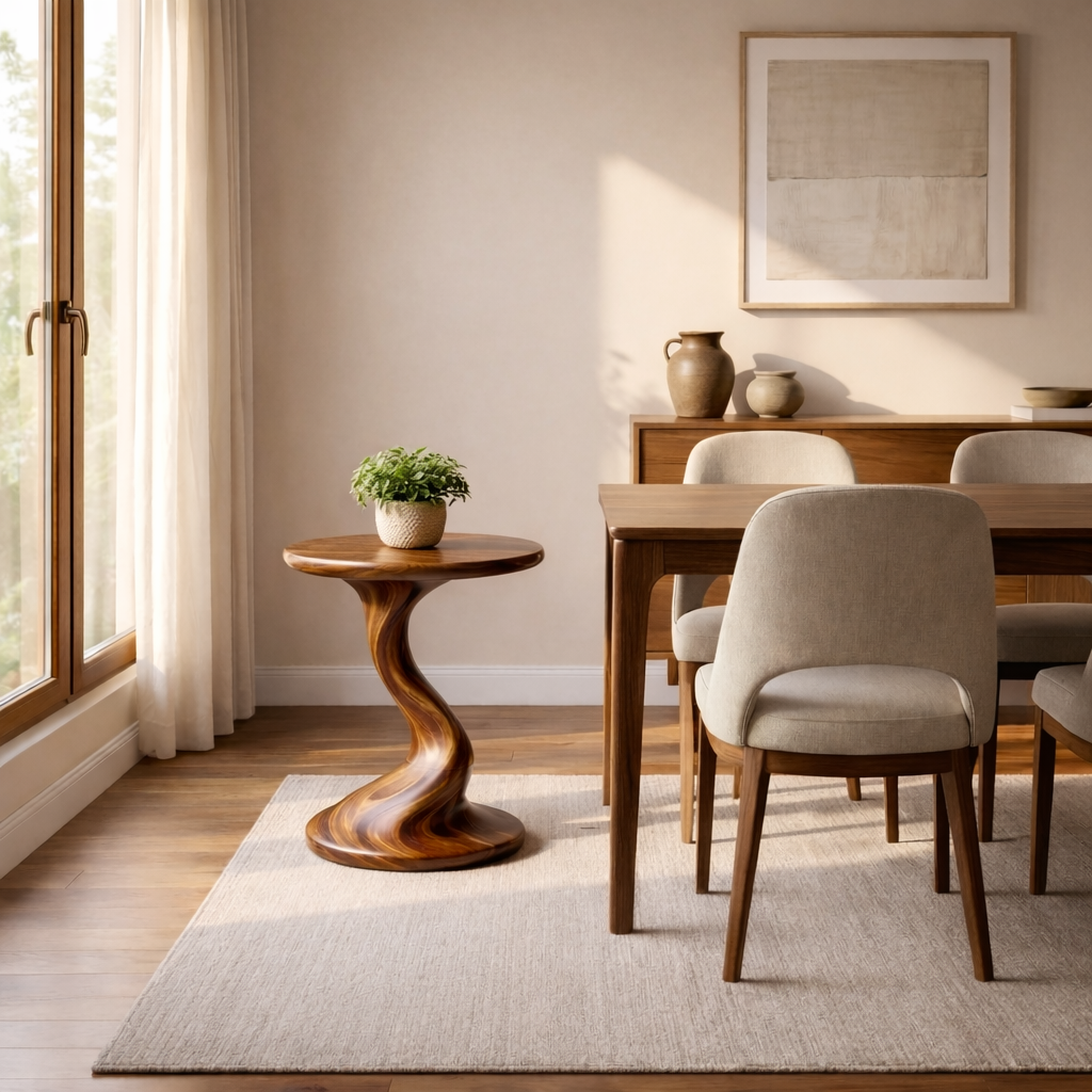 Solid Wood Sculptural Accent Table Organic Twist Design for Living Room Seating