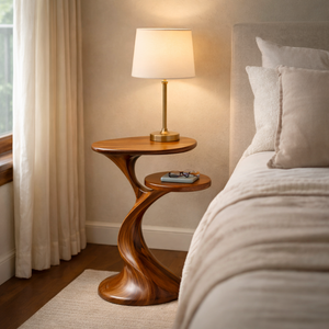 Solid Wood Two Tier Side Table Modern Sculpted Accent for Living Room Interior