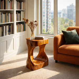 Modern Sculptural Solid Wood Side Table with Curved Base