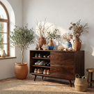 Handcrafted Solid Wood Shoe Cabinet with Open Shelves for Entryway