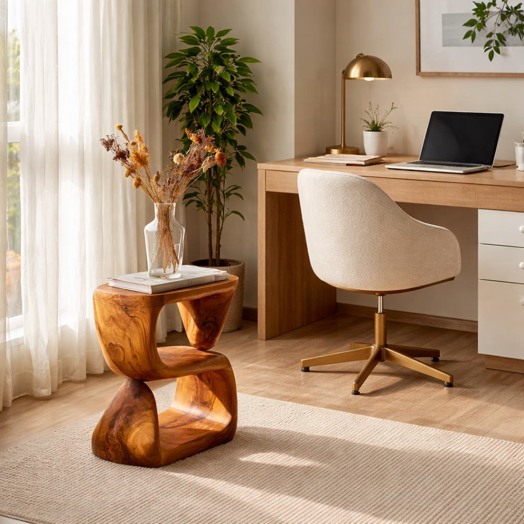 S-Form Sculpted Solid Wood Accent Side Table for Living Room Decor