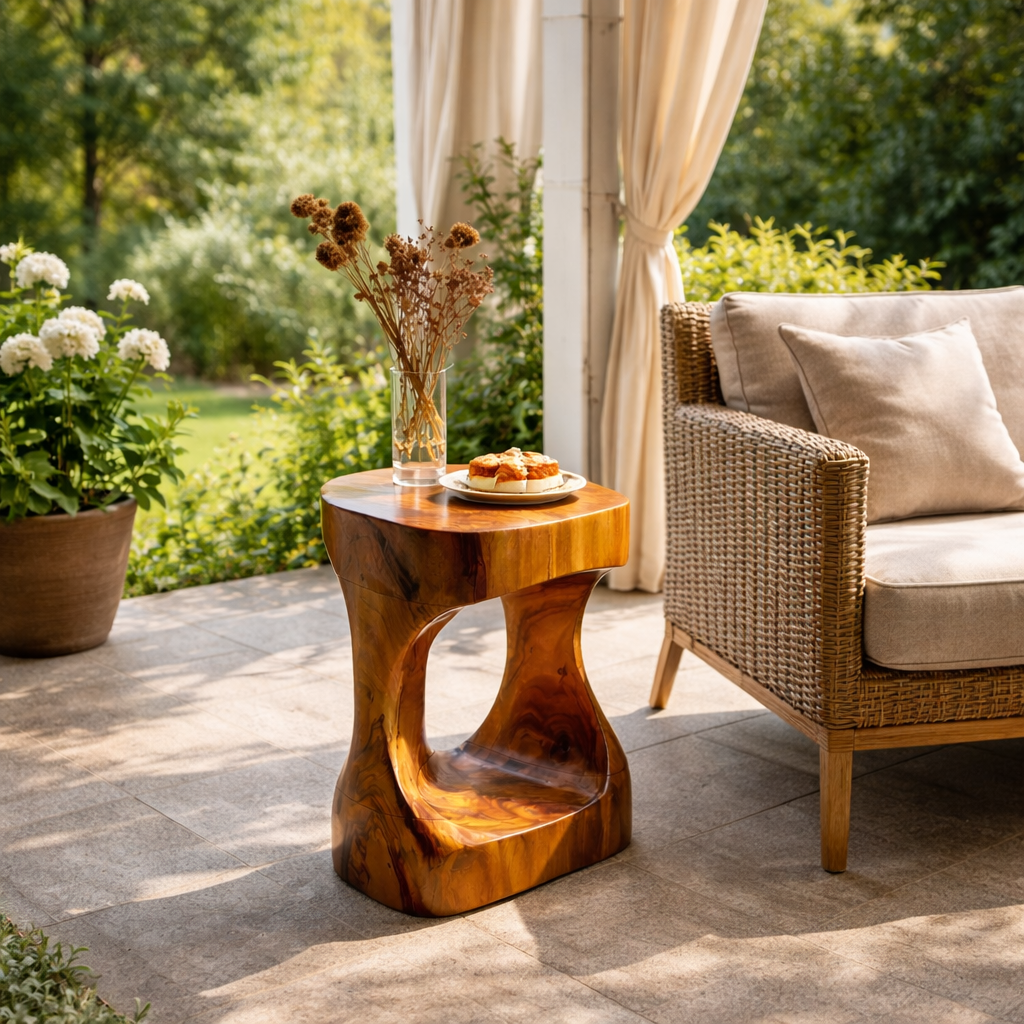 Modern Sculptural Solid Wood Side Table with Curved Base