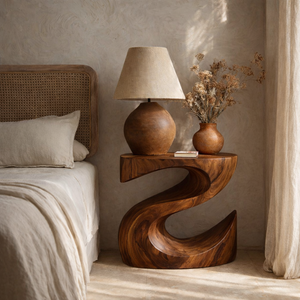 Handcrafted Solid Wood Bedside Table with Sculptural Curved Base for Bedroom