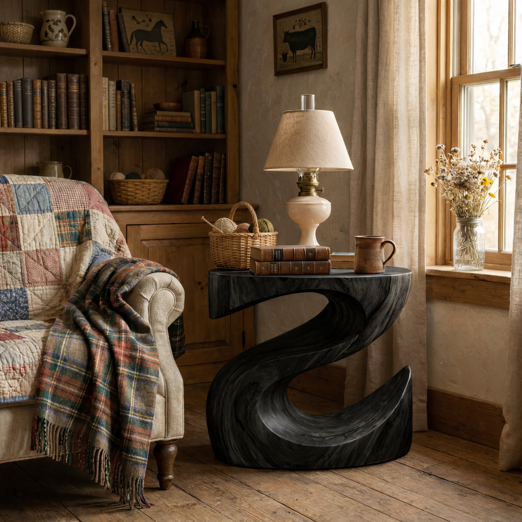 Handcrafted Solid Wood Bedside Table with Sculptural Curved Base for Bedroom