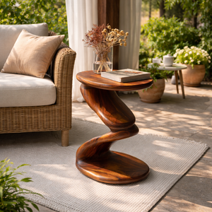 Curved Solid Wood Side Table with Sculptural Pedestal