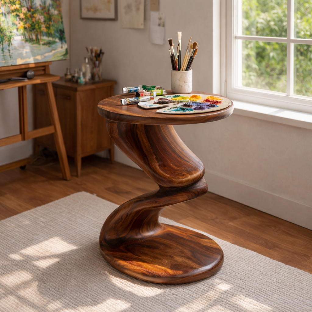 Curved Solid Wood Side Table with Sculptural Pedestal
