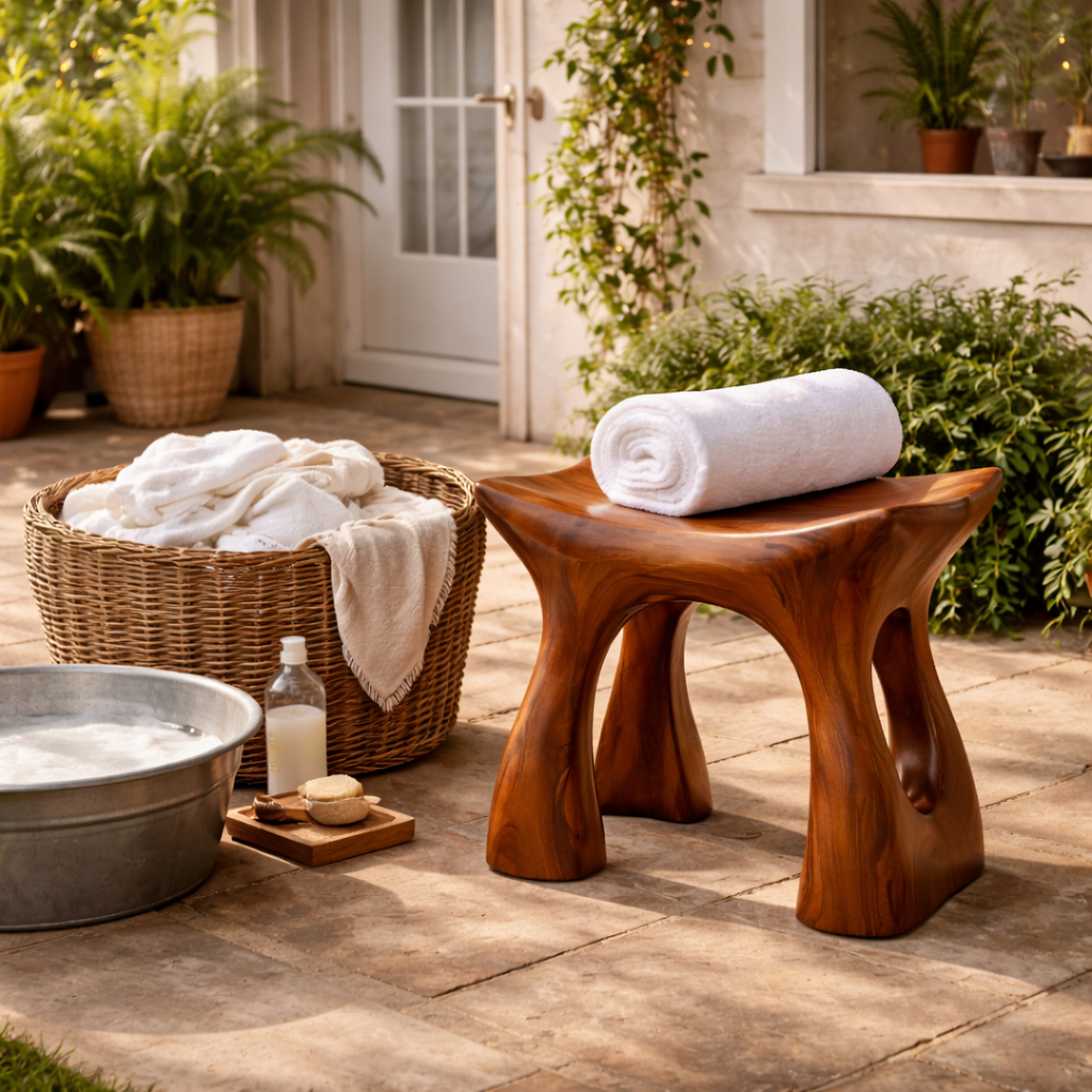 Handcrafted Solid Wood Shower Stool with Sculpted Curved Form for Bathroom Spa