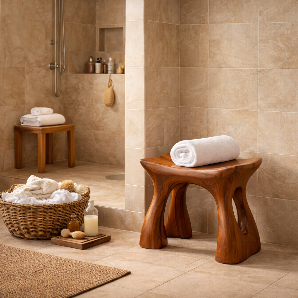 Handcrafted Solid Wood Shower Stool with Sculpted Curved Form for Bathroom Spa