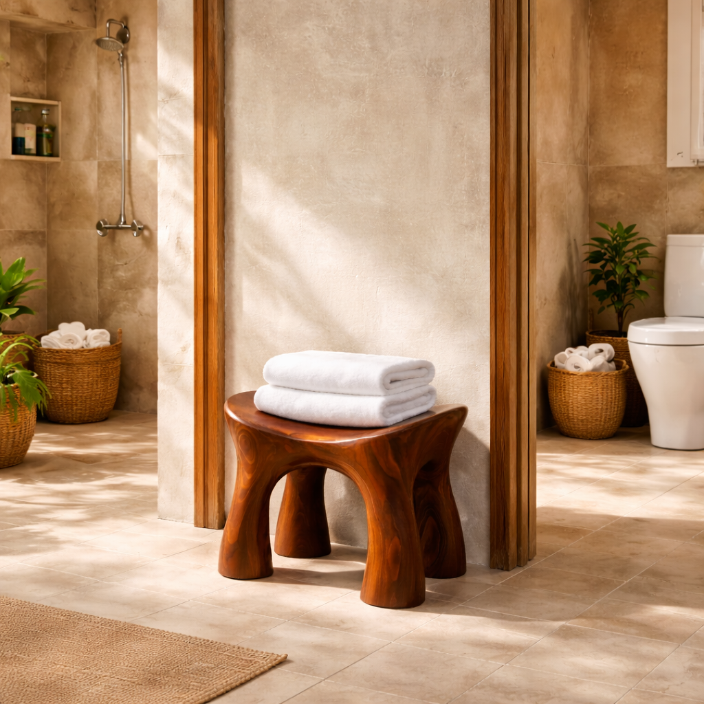 Solid Wood Shower Bench with Sculpted Organic Design for Bathroom Spa or Shower Space