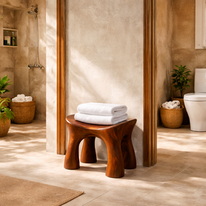 Solid Wood Shower Bench with Sculpted Organic Design for Bathroom Spa or Shower Space