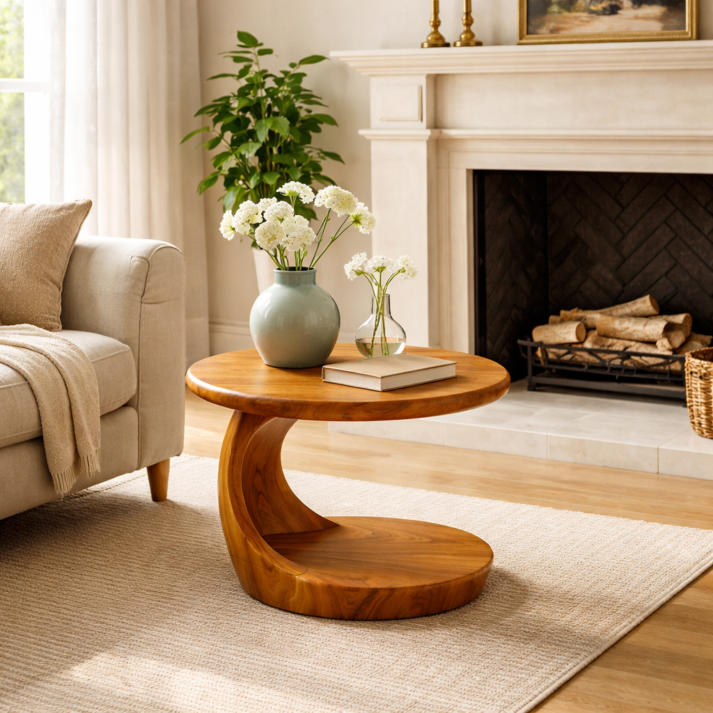 Round Sculptural Solid Wood Side Table for Living Room Decor