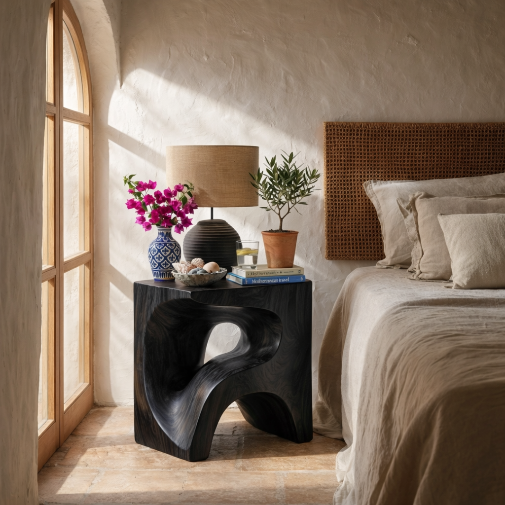Handcrafted Solid Wood Bedside Table with Sculptural Open Base for Bedroom