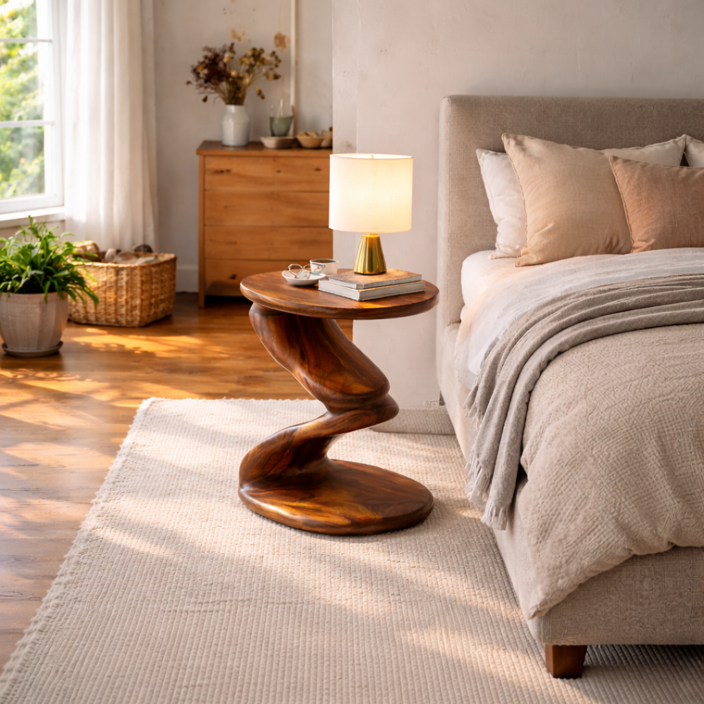 Curved Solid Wood Side Table with Sculptural Pedestal