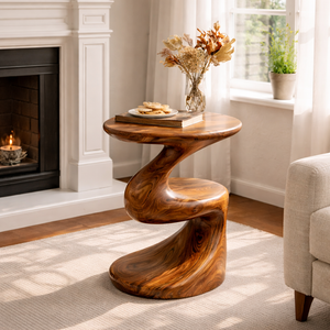 Curved Solid Wood Accent Table with Floating Shelf Modern Sculptural Side Table