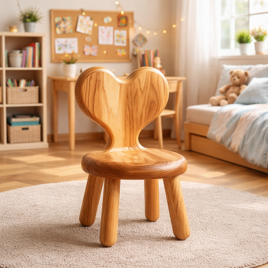 Solid Wood Kids Chair with Heart Shaped Backrest for Nursery Bedroom or Playroom