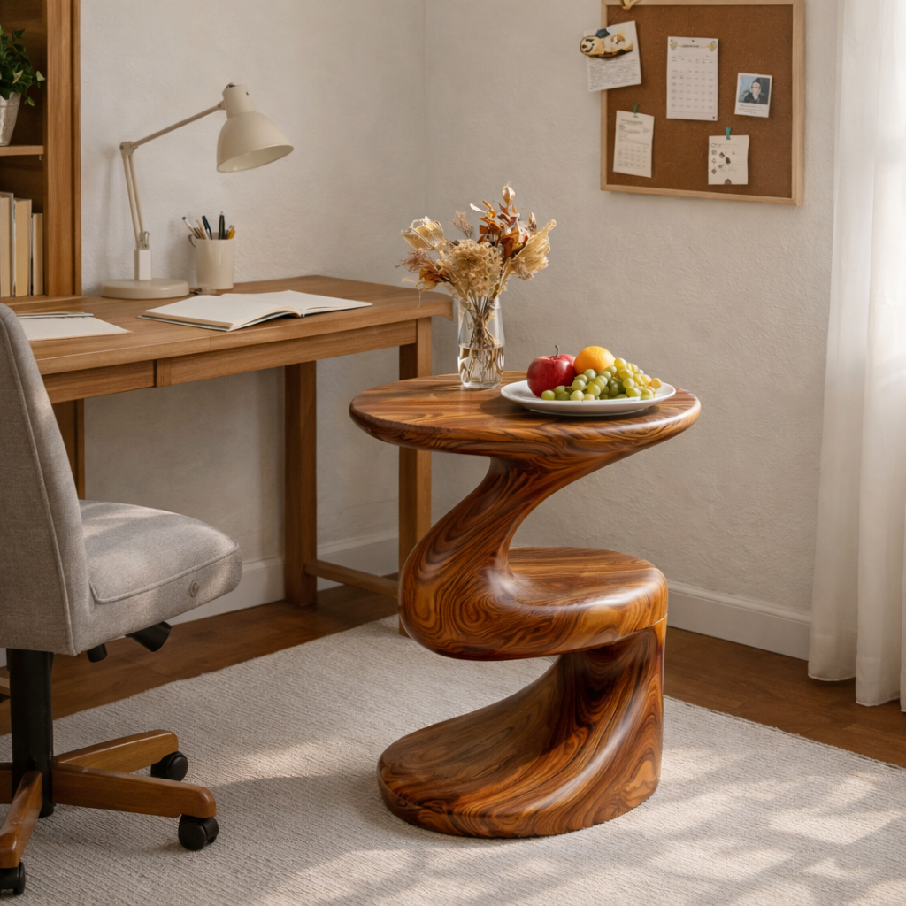 Curved Solid Wood Accent Table with Floating Shelf Modern Sculptural Side Table