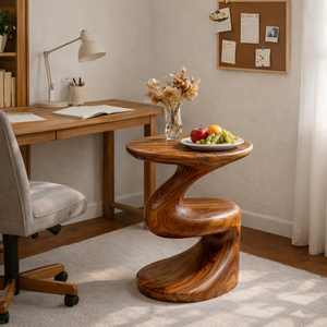 Curved Solid Wood Accent Table with Floating Shelf Modern Sculptural Side Table