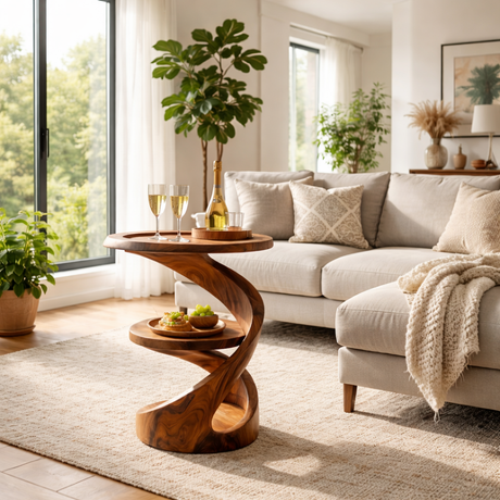 Helix Two Level Solid Wood Side Table with Tray Top for Living Room Decor