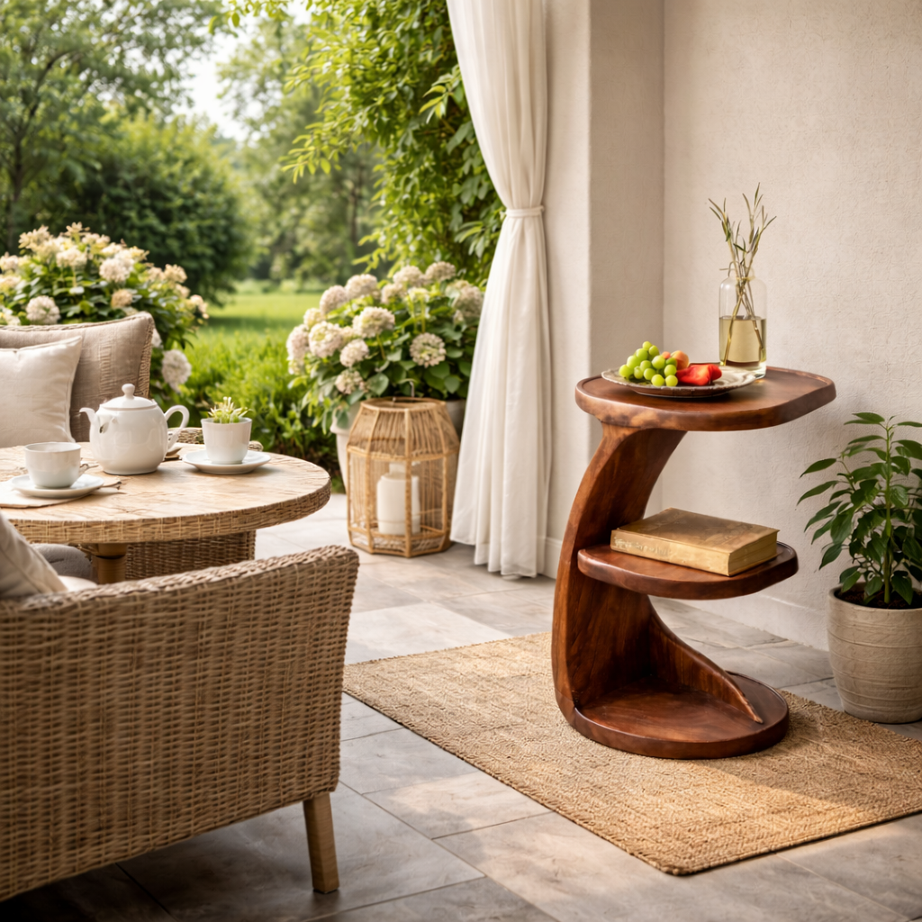 Curved Two Level Solid Wood Side Table for Living Room Decor