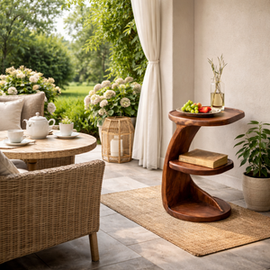 Curved Two Level Solid Wood Side Table for Living Room Decor
