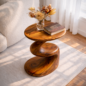 Curved Solid Wood Accent Table with Floating Shelf Modern Sculptural Side Table