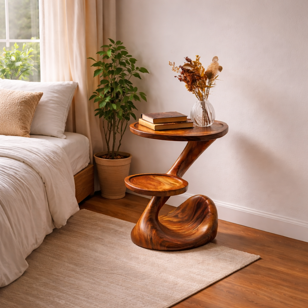 Sculptural Two-Tier Solid Wood Side Table for Living Room