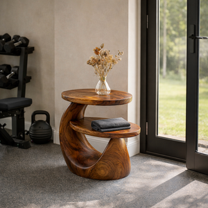 Sculptural Solid Wood Two Tier Side Table for Living Room