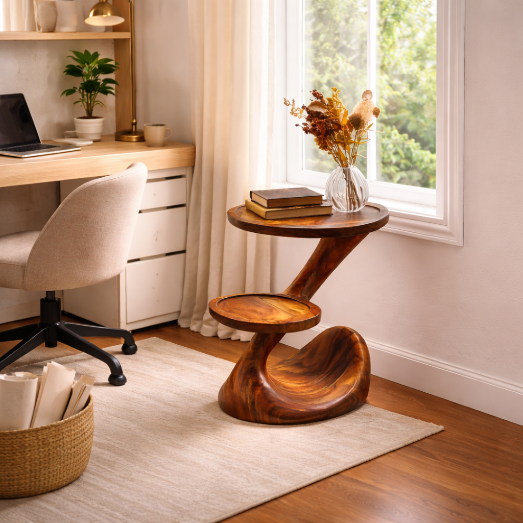 Sculptural Two-Tier Solid Wood Side Table for Living Room