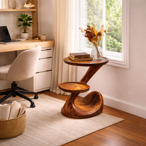 Sculptural Two-Tier Solid Wood Side Table for Living Room
