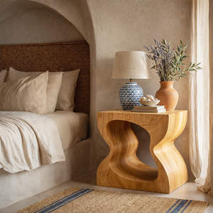 Handcrafted Solid Wood Nightstand with Sculptural Cutout Base for Bedroom