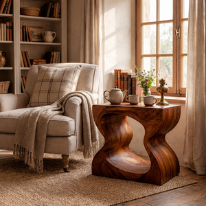 Handcrafted Solid Wood Nightstand with Sculptural Cutout Base for Bedroom