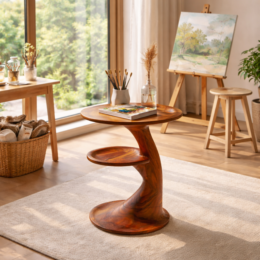 Two Tier Sculptural Solid Wood Side Table for Living Room Decor