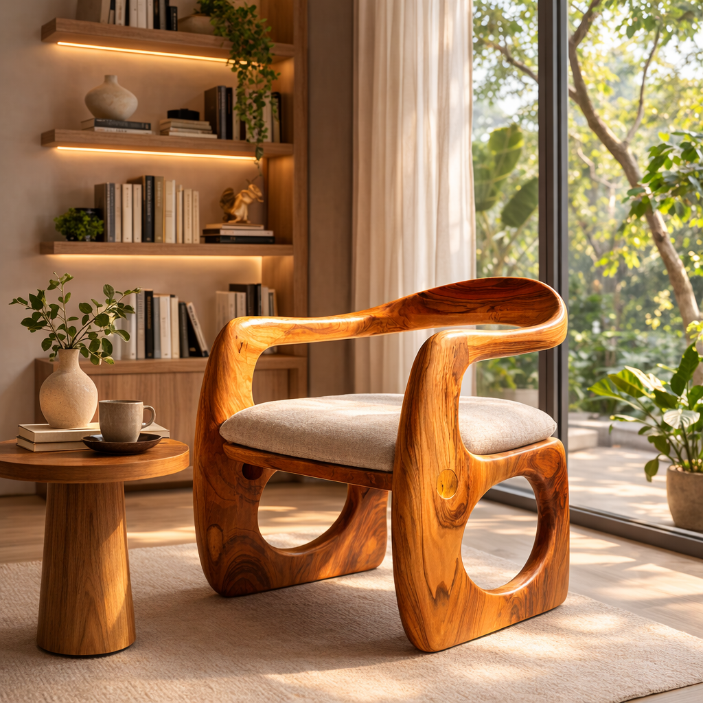 Sculptural Solid Wood Lounge Chair with Curved Organic Frame for Living Room