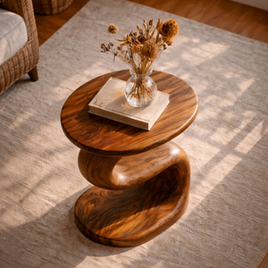 Curved Solid Wood Side Table Organic Two Level Accent Piece