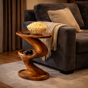 Sculptural Solid Wood Side Table Two Tier Design for Living Room and Reading Corner