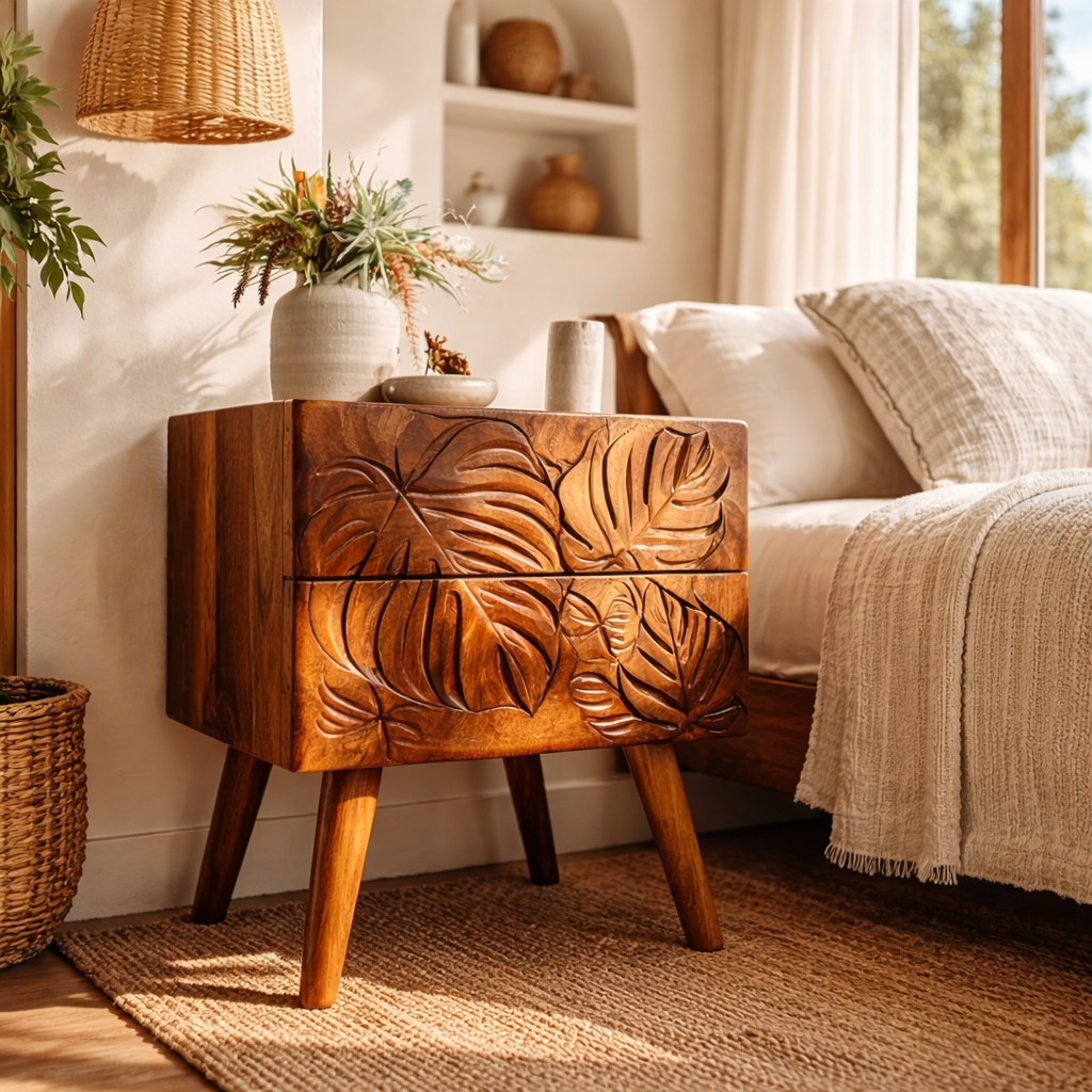 Handcrafted Solid Wood Nightstand with Tropical Leaf Carved Drawer Front