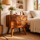 Handcrafted Solid Wood Nightstand with Tropical Leaf Carved Drawer Front