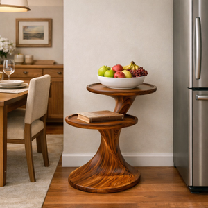 Two Tier Sculptural Solid Wood Side Table for Living Room and Reading Corner