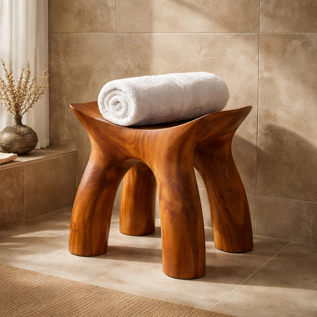 Organic Solid Wood Shower Stool with Curved Seat Design for Bathroom Spa or Bath Corner