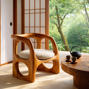 Organic Solid Wood Lounge Chair with Sculpted Frame for Living Room Reading Corner or Tea Room