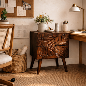 Handcrafted Solid Wood Nightstand with Tropical Leaf Carved Drawer Front
