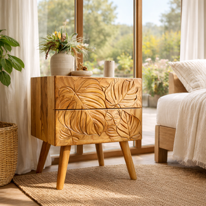 Handcrafted Solid Wood Nightstand with Tropical Leaf Carved Drawer Front