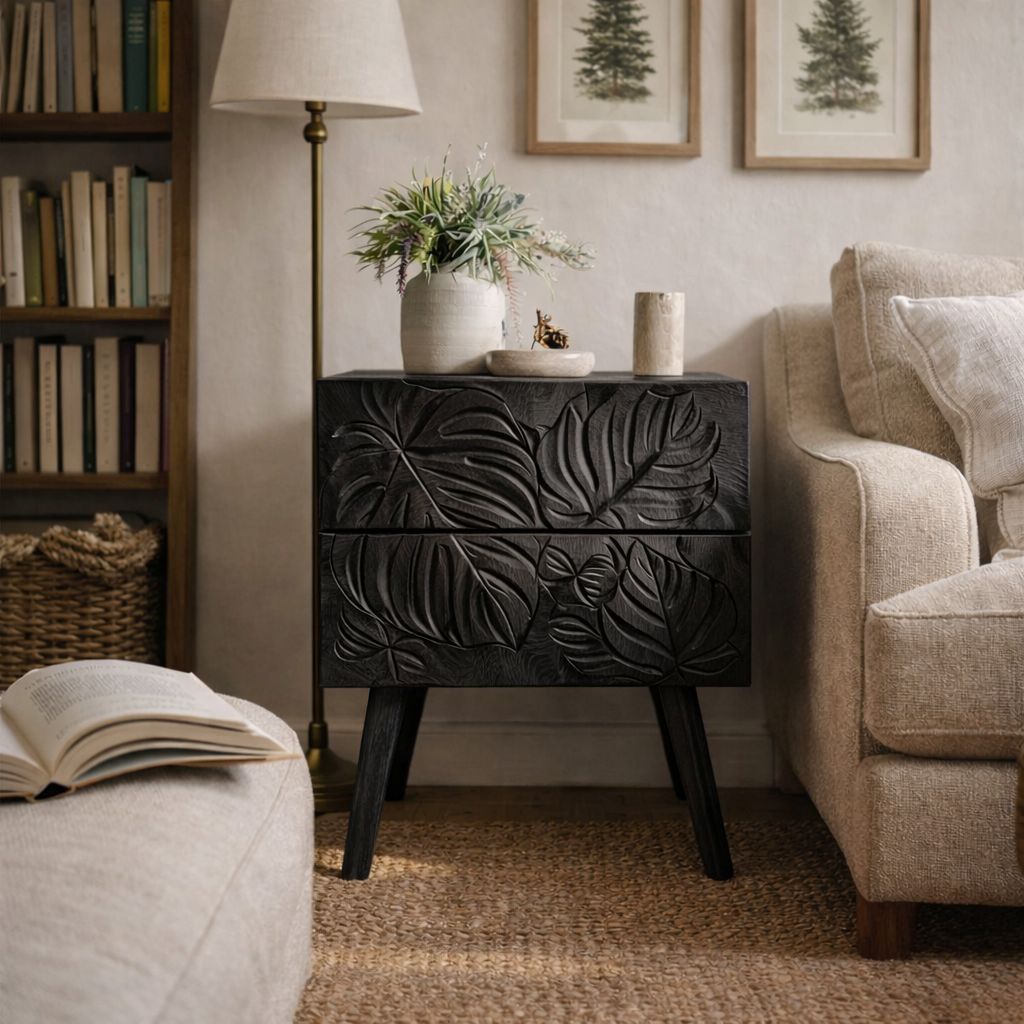 Handcrafted Solid Wood Nightstand with Tropical Leaf Carved Drawer Front