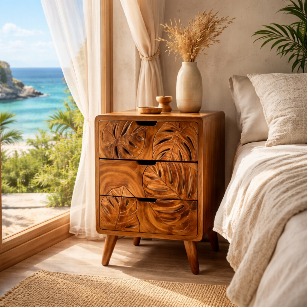 Handcrafted Solid Wood Bedside Cabinet with Tropical Leaf Carved Drawer Fronts