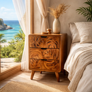 Handcrafted Solid Wood Bedside Cabinet with Tropical Leaf Carved Drawer Fronts