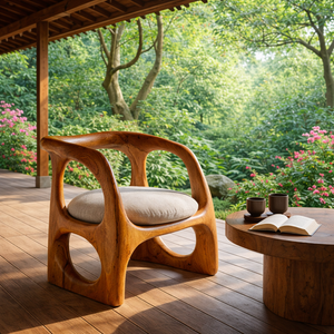 Organic Solid Wood Lounge Chair with Sculpted Frame for Living Room Reading Corner or Tea Room