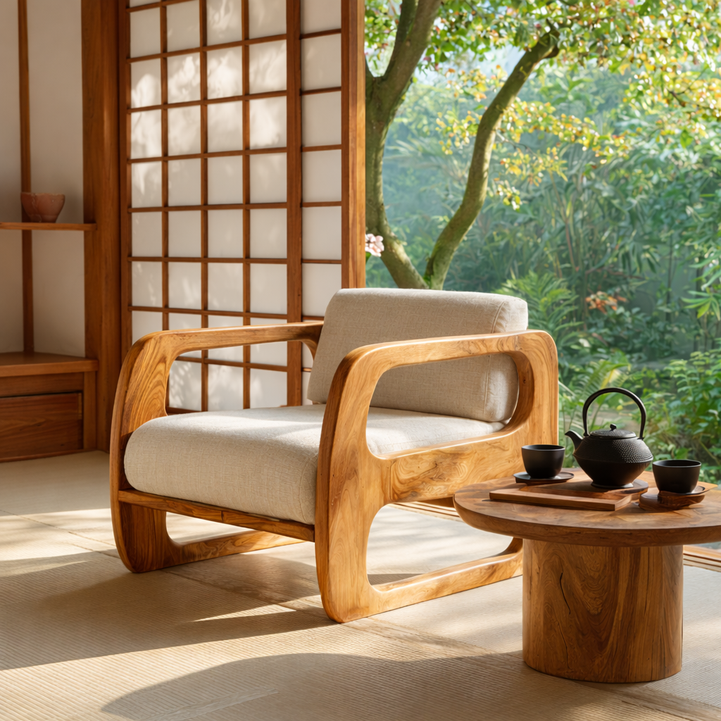 Modern Solid Wood Lounge Chair with Curved Armrests for Living Room
