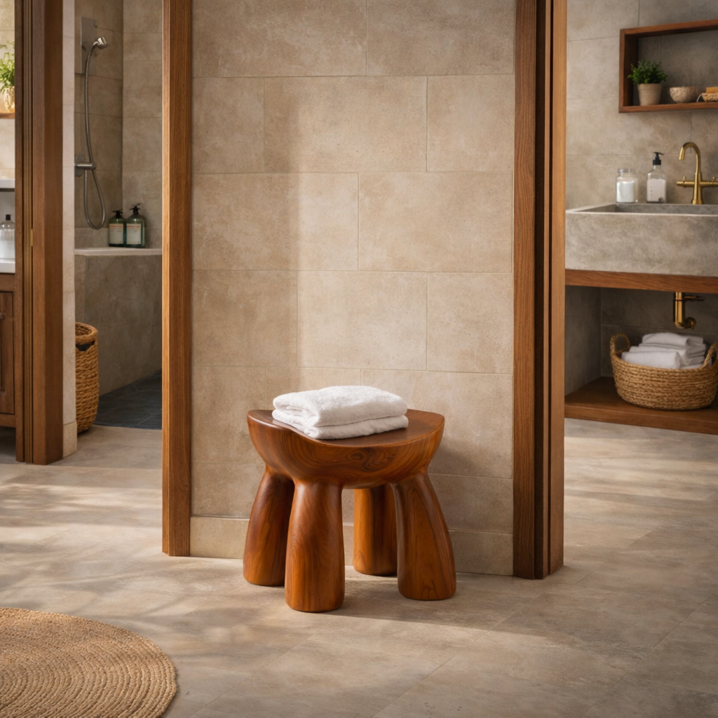 Hand Carved Solid Wood Shower Stool with Curved Sculptural Seat for Bathroom Spa or Bath Area